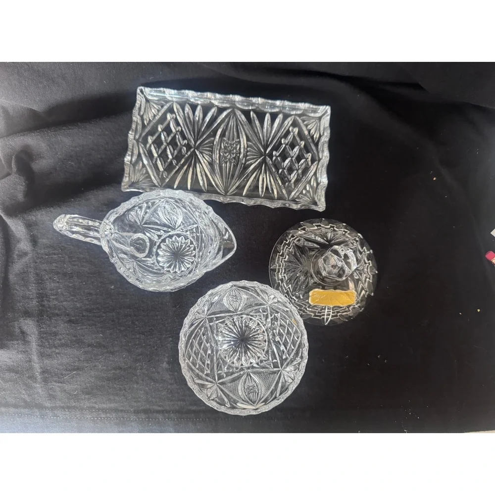 Vintage Handcut Lead Crystal Cream Sugar Set with Tray Western Germany Clear